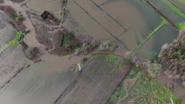 River during flooding event floods on farming fields. Natural disaster.