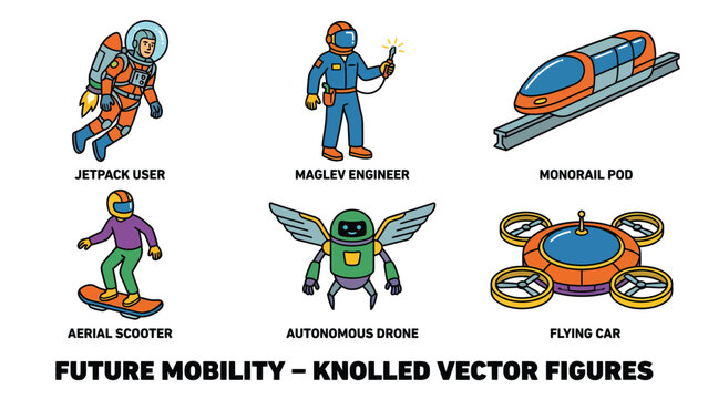 Future Mobility Vector Icons Set: Futuristic Transport, Drones, Jetpacks, and Engineers. Modern Technology Cartoon Illustrations