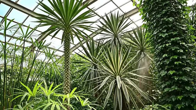 Interior view of tropical flora thriving under glass roof structure