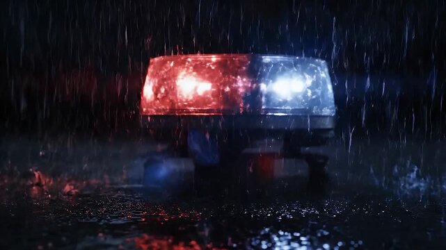 A generic police car light bar (rotator) flashing intense red and blue strobe lights. The light reflects vividly on rain-soaked asphalt and puddles below. Moody night atmosphere, heavy rain, lens flar