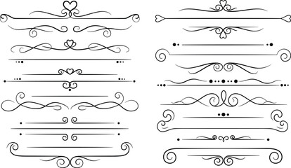 Set of black minimalist decorative dividers featuring elegant calligraphic swirls heart shapes and clean line art for romantic wedding invitation and greeting card design. © Itz  Parvin
