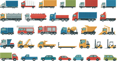 Comprehensive commercial and construction vehicles collection with trucks, trailers, machinery and passenger cars vector illustration set © Vector's World