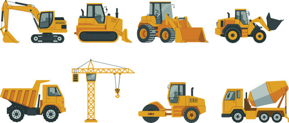 Construction machinery collection with excavator, bulldozer, wheel loader, crane, dump truck, road roller and concrete mixer vector illustration set © Vector's World