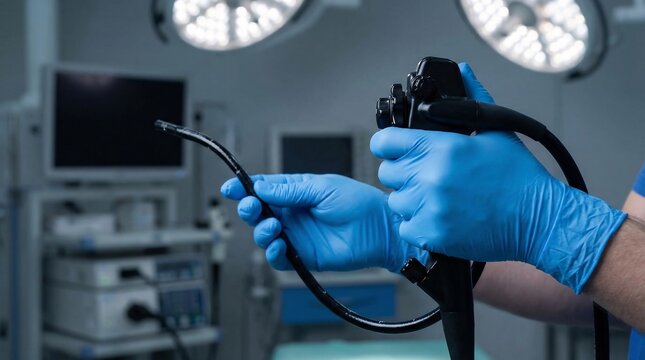 Two gloved hands holding flexible endoscope with control section