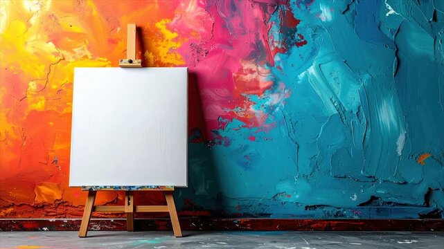 An empty white canvas on an easel sits before a vibrant abstract painted wall