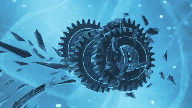 Gears Interlocking Rotating with Shattering Fragments Blue Abstract Background Cinematic Motion