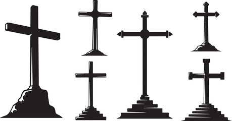 Various Cross Silhouettes on Different Bases and Hillsides Illustration