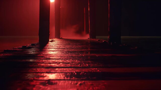 Dark corridor with red lighting and wet floor.