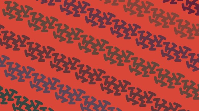 On a red background, diagonal paths of ancient symbols or hieroglyphs or something similar move in different directions.