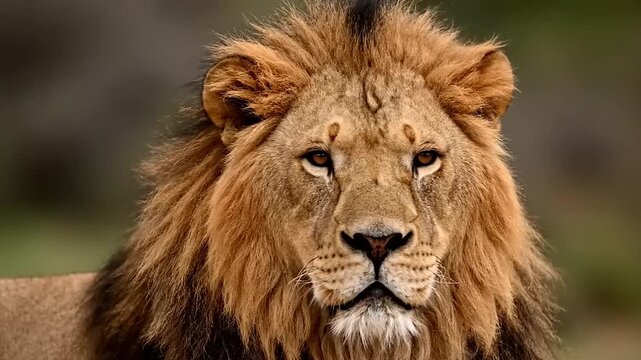 Male lion face portrait with dense mane looking directly forward