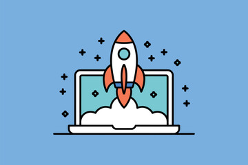 A cartoon rocket ship launching from a laptop computer screen with a blue background