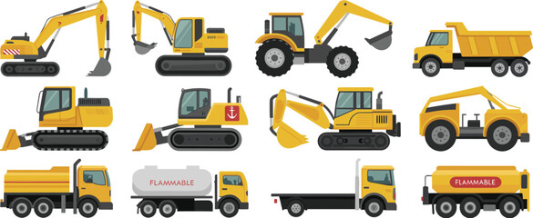 Heavy construction machinery set with excavators, bulldozers, loader, dump trucks and fuel tankers vector illustration collection © SreeShoyagini