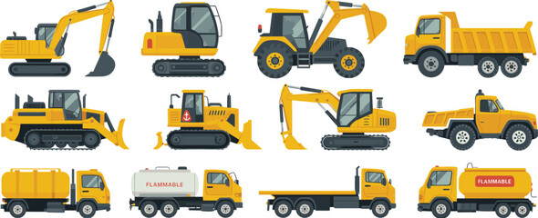 Heavy construction vehicles collection with excavators, bulldozers, loader, dump trucks and fuel tankers, vector illustration set isolated on white background © SreeShoyagini