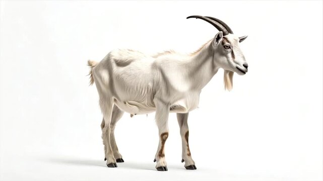 A white goat, fully in view, with horns and beard, stands on a plain white backdrop