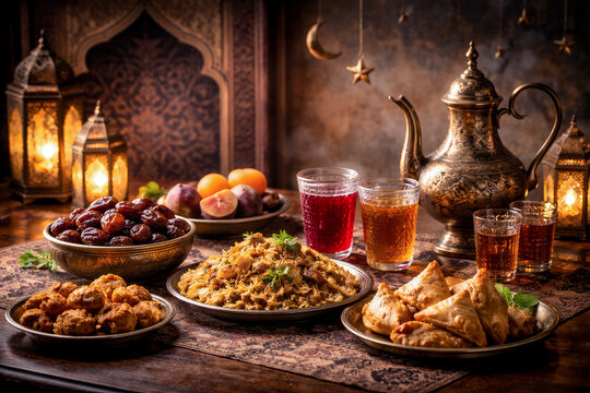 Ramadan dinner served with Biriyani samosa dried dates and black tea on Traditional themed  background