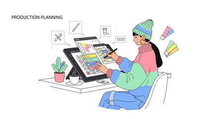 Naklejka premium Creative Designer Planning Project on Tablet, Color Swatches, Coffee Cup