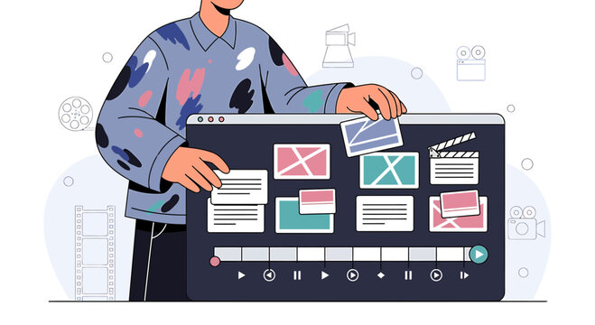 Creative person editing video on timeline interface, storytelling, digital media