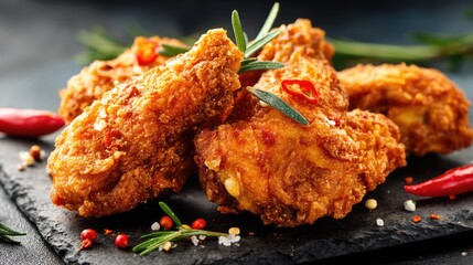 Crispy Fried Chicken Garnished with Fresh Herbs and Red Chili on Dark Slate Serving Plate for Delicious Culinary Experience