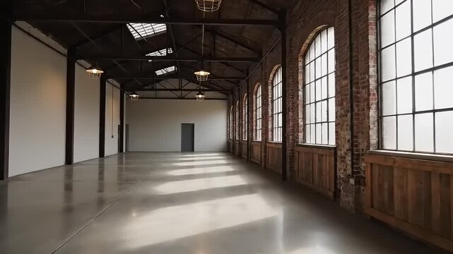 Vast empty industrial interior space with high ceilings and large windows