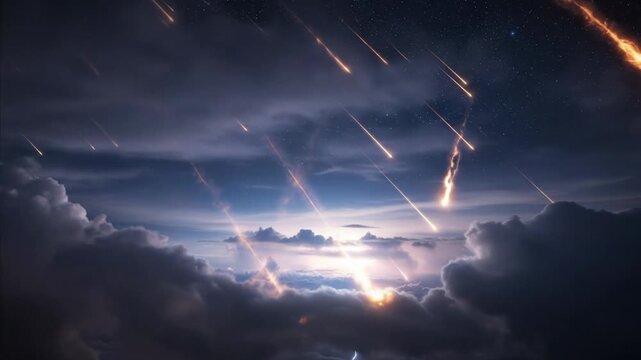 Meteor Shower Over Stormy Sky with Lightning and Clouds at Night