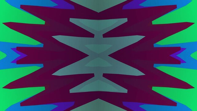 Vibrant abstract symmetrical design showcasing angular geometric patterns with a dynamic visual flow in captivating shades of green, purple, and blue, creating an intricate modern artwork