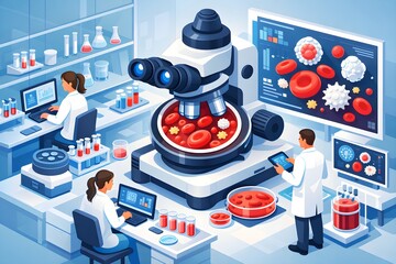Isometric Laboratory Showing Blood Cells Production Under Microscope Trendly 