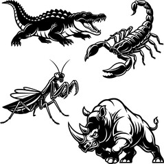 Dangerous Predator Vector Set: Crocodile, Scorpion, Praying Mantis, and Rhino Mascots © pixsu