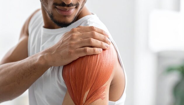 Man suffering from shoulder pain, with highlighted muscles showing the affected area, indicating a medical or injury concept.