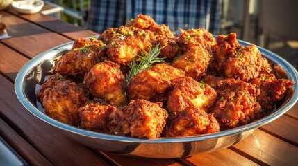 Fototapeta premium Crispy Golden Fried Snacks Served on a Silver Platter Surrounded by Fresh Herbs and Garnish in a Bright Outdoor Setting