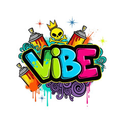 Fototapeta premium Colorful graffiti art featuring the word vibe with spray cans and skull