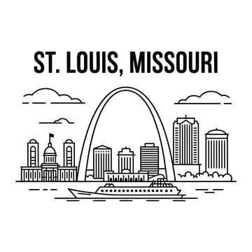 The St. Louis, Missouri skyline features the Gateway Arch and a boat on the river.