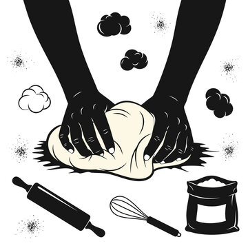 Hands kneading dough with baking tools in a stylized illustration