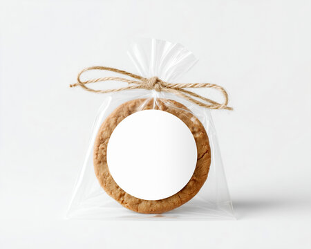 Round cookie packaged in transparent gift bag with blank label tag