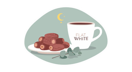 Charming flat illustration featuring a tranquil scene with sweet dates arranged on a plate next to a warm cup of coffee, ideal for a peaceful break or an evening treat
