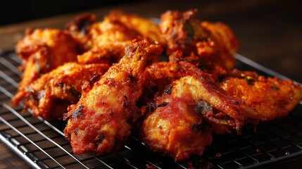 Crispy Spicy Chicken Wings Freshly Cooked on a Grilling Rack, Ideal for Summer Barbecues or Family Gatherings with Mouthwatering Flavor