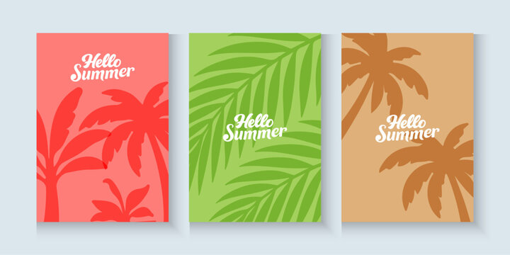 summer tropical minimal background with tropical palm leaves. colorful tropical leaves nature collection for summer or spring poster cover, flayer, cards abstract background.