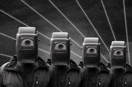 Group of a surrealistic cyclops in helmets