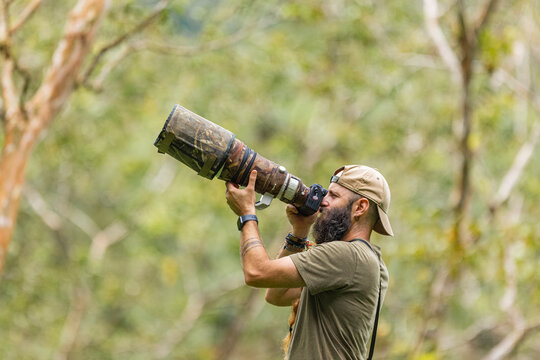 Wildlife photographer in action in the jungle