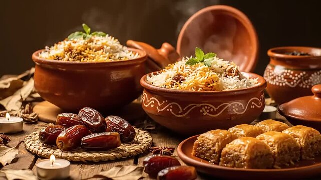 A delightful spread of aromatic biryani served in traditional rustic clay pots, beautifully complemented by sweet dates and delicate baklava, perfect for a festive cultural celebration