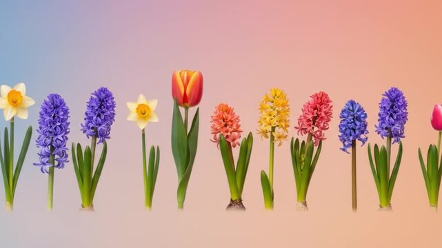 A colorful digital illustration of a row of blooming flowers including daffodils, hyacinths, and tulips in various vibrant hues against a pastel gradient background. Perfect for spring