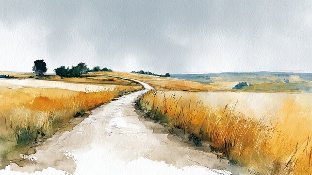 A winding dirt path cuts through golden fields under a lightly clouded sky, with sparse trees dotting the landscape in this serene watercolor painting.