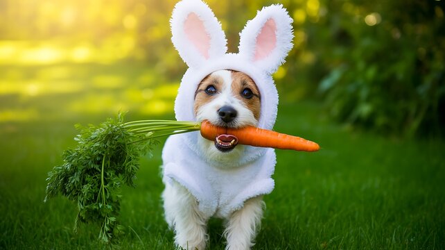Cute dog wearing bunny ears holding carrot in park 