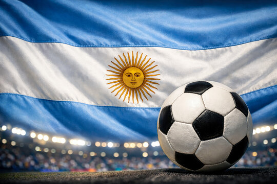 Football on a world cup stadium against Argentina Flag and blurred gallery full of people with copy space for text