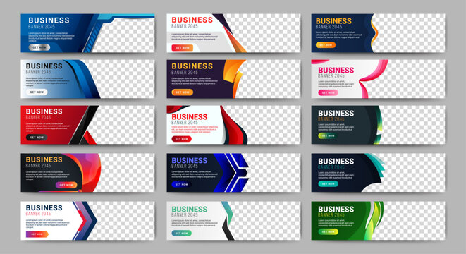 Big set of horizontal business banner templates. Modern technology design, abstract background layout with photos. Editable Vector corporate and advertising business banner layout template. vector