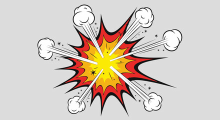 cartoon explosion burst comic style boom effect red yellow starburst thick black outline flat vector isolated background, cartoon explosion, comic boom, starburst, blast effect, red yellow burst, pop  © Cendol