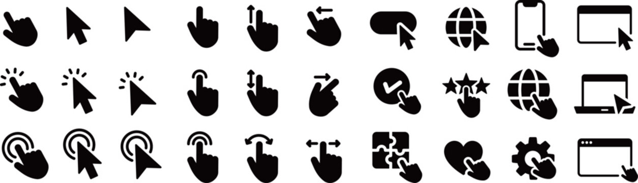 ベクターでモノクロのクリックとタップに関するシルエットアイコンセット
