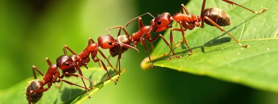 Red ants forming chain on green leaf in macro view, teamwork and cooperation concept in natural environment with detailed insect behavior