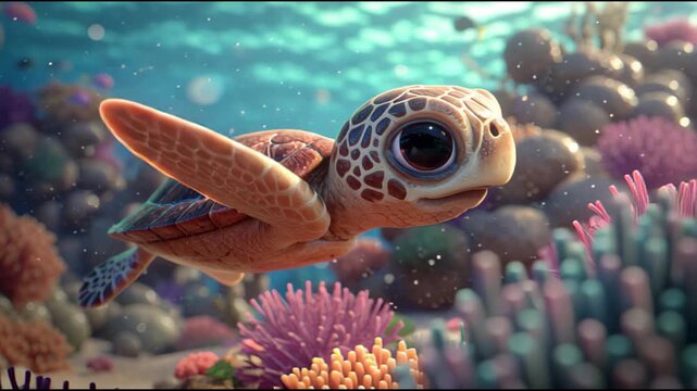 Cute cartoon baby sea turtle swimming underwater coral reef