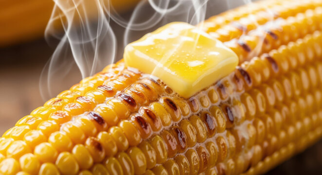 Hot grilled corn on the cob, steaming with melting butter.