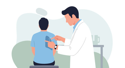 Fototapeta premium Doctor examining patient's back with stethoscope in clinic